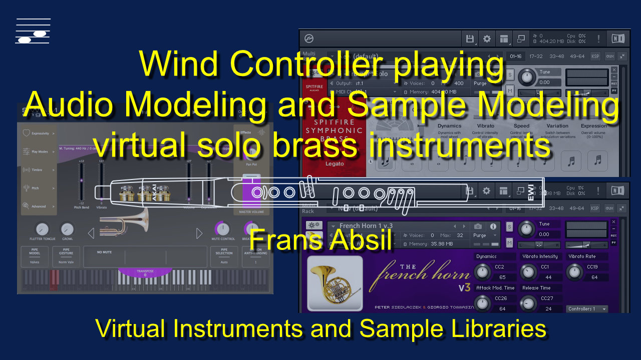YouTube thumbnail for the video Wind Controller playing Audio Modeling and Sample Modeling virtual solo brass instruments